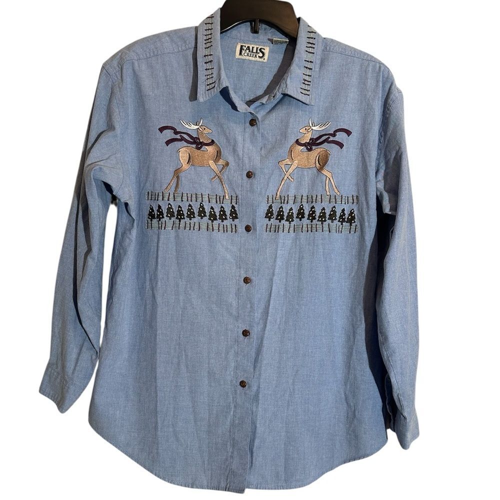 Vintage 80’s Folk Embroidery Button Front Shirt Chambray Large Christmas Grandma